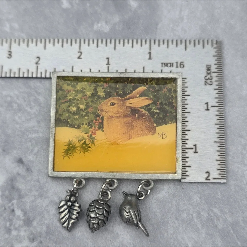 Marjolein Bastin Rabbit Winter Scene Dangle Charm Brooch Pin Bird Pinecone Leaf